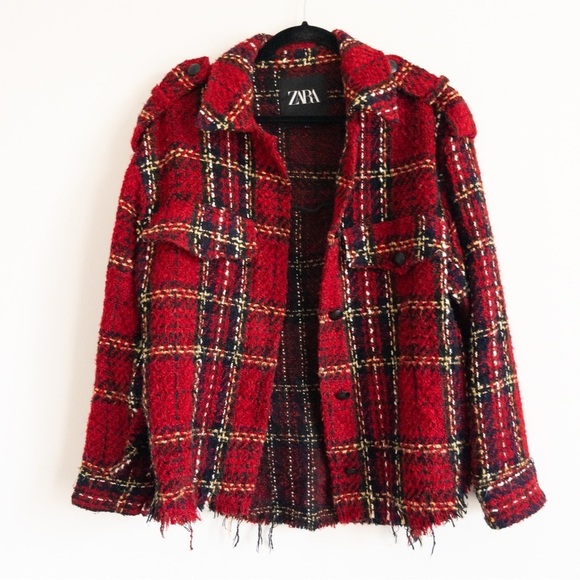 Zara Red Textured Tweed Oversized Shacket - Picture 4 of 12